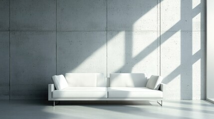 Poster - Modern minimalist white sofa in a spacious concrete room with natural light and geometric shadows Copy Space