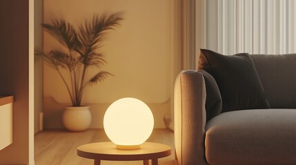 Poster - Cozy living room interior with modern lamp and plant in minimalist design featuring warm lighting and soft furnishings Copy Space