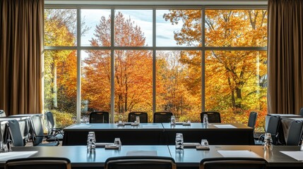 Poster - Modern conference room set for meetings, large windows overlooking vibrant autumn trees, enhancing the serene atmosphere