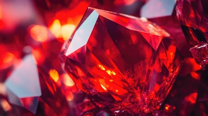 Poster - Close-up of vibrant red gemstones with sharp facets and reflections against a blurred background, featuring ample Copy Space.
