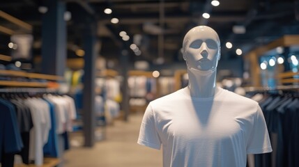 Poster - Mannequin wearing plain white t-shirt in modern retail store interior with clothing racks and soft focused background Copy Space