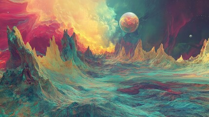 Poster - Abstract colorful alien landscape with mountains and a distant planet in space Copy Space