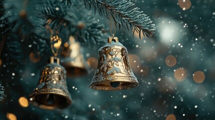 Poster - Close up of golden bell ornaments hanging from a lush green Christmas tree with soft snowflake bokeh and shimmering lights in a high quality festive scene