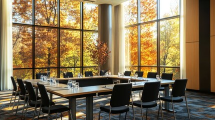 Poster - Modern conference room set for meetings, large windows overlooking vibrant autumn trees, enhancing the serene atmosphere