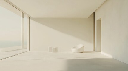 Poster - Minimalist interior space with large windows, natural light streaming in, and modern furniture providing ample copy space.