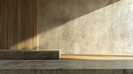 Poster - Modern minimalist interior space with wooden and concrete textures featuring natural light and Copy Space for placement of text.