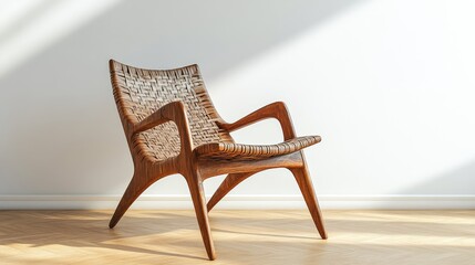 Poster - Modern wooden accent chair with woven seat and backrest in minimalist interior setting with natural light and shadows Copy Space