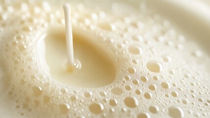 Poster - Close-up of frothy milk with bubbles and a drop at the center on a light background with Copy Space for text placement