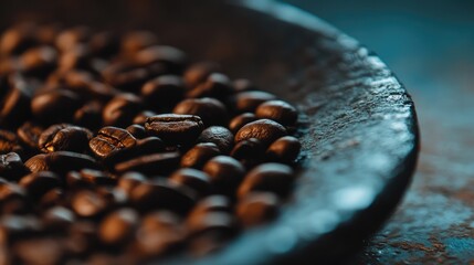 Aufkleber - Close up of roasted dark brown coffee beans on a textured plate against a blurred blue background with empty space for text.