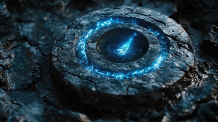 Poster - Futuristic glowing blue circular emblem embedded in cracked rocky surface with intricate textures and details Copy Space