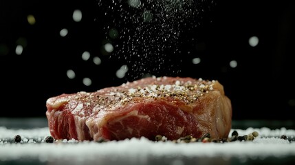 Poster - Close up shot of golden ribeye steak sprinkled with sea salt and black pepper on a dark background with empty space for text.