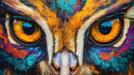 Aufkleber - Close-up of Vibrant Golden Peacock and Tiger Bird Eyes Against Multicolored Background Featuring Ethnic Motifs with Blank Space for Text