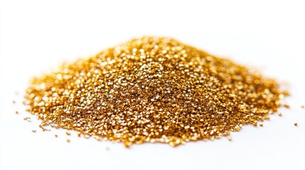 Poster - Golden glitter pile on a pristine white background creating elegant texture and ample negative space for creative design and text placement