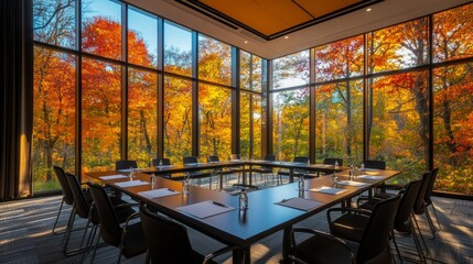Poster - Modern conference room set for meetings, large windows overlooking vibrant autumn trees, enhancing the serene atmosphere