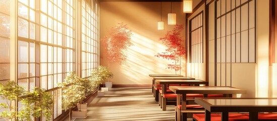 Poster - Bright and Quaint Japanese Style Restaurant Interior with Warm Light, Wooden Tables, and Minimalist Decor, Ideal for Text Overlay