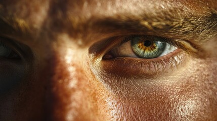 Poster - Detailed close-up of a human male face showcasing striking green eyes surrounded by warm skin tones and natural highlights with empty space for text