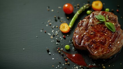 Poster - Grilled beef steak with vegetables and sauce on a black plate, featuring green peppercorns and cherry tomatoes, horizontal close-up view.