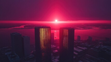 Wall Mural - Majestic Sunset Over Urban Skyline With Twin Towers in Twilight