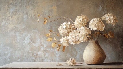 Poster - Still life composition featuring white hydrangeas and dried leaves in a rustic vase against a textured background with copy space.