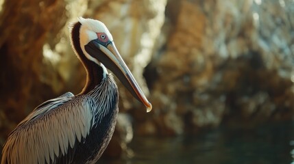 Aufkleber - Elegant Close-Up Portrait of Brown Pelican with Soft Focused Background and Tranquil Coastal Setting in Warm Natural Tones