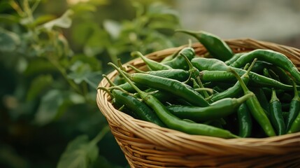 Poster - Freshly harvested green chili peppers displayed in a woven basket, surrounded by lush farm foliage, with room for text above.
