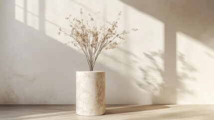 Poster - Minimalist interior scene featuring a round marble vase with dried flowers, illuminated by natural light through window shadows, Copy Space available.