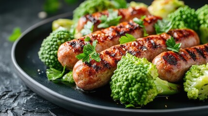 Poster - Grilled sausages with charred markings served on a black plate alongside vibrant green romanesco broccoli, ideal for healthy food promotion and copy space.