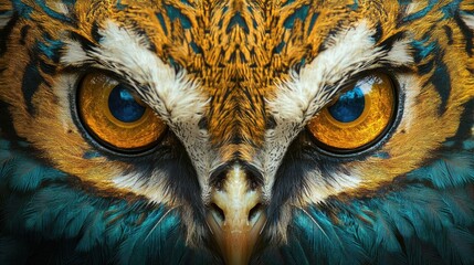 Poster - Detailed close-up of vibrant golden peacock and striking tiger bird eyes on multicolored ethnic motif background featuring rich textures and ample copy space for advertising or text.