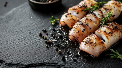 Poster - Grilled squid with black salt on a dark slate surface, close-up view, empty text space