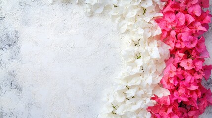 Fototapete - White and Pink Bougainvillea Petals on Textured Gray Background with Space for Copy and Elegant Floral Decoration