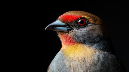 Aufkleber - Vibrant close-up portrait of a waxbill bird showcasing rich red and yellow plumage against a dark natural habitat backdrop, ideal for wildlife themes.