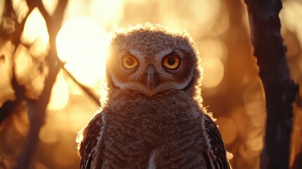 Poster - Close up portrait of a majestic owl with striking orange eyes silhouetted against a vivid sunset background with warm golden hues and empty text space