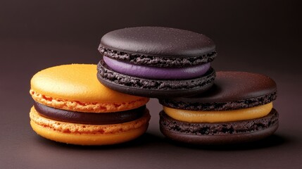 Poster - Close up studio image of vibrant orange and purple macarons stacked on dark background with ample negative space for text placement