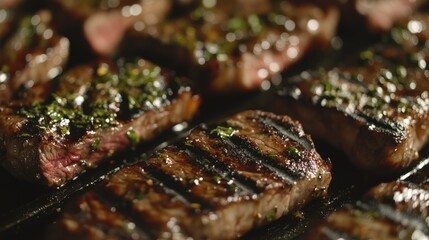 Poster - Grilled steak close-up enhanced by herbs with dark background space for text