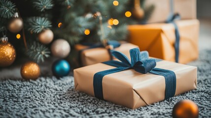 Aufkleber - Cozy home setting featuring a beautifully decorated Christmas tree adorned with colorful ornaments and gifts arranged on a textured gray carpet, warm bokeh lights in the background.