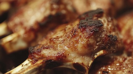 Poster - Close-up of Grilled Meat with Bone, showing charred surface details and rich brown colors, isolated against a blurred background.