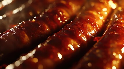 Poster - Close up of glistening gourmet sausage links in rich brown glaze on dark background with ample empty space for fine dining text and advertisements