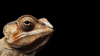 Aufkleber - Close up view of a textured orange and brown chameleon gazing at the camera against a black background with ample copy space for text.