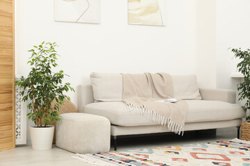 Wall Mural - Light living room interior. Comfortable sofa with blanket and other furniture indoors