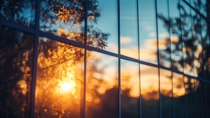 Aufkleber - Silhouette of a glass house against a vibrant sunset sky, highlighting warm orange and cool blue tones with reflective surfaces and empty space for text.