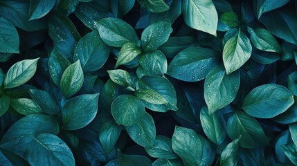 Poster - Close up of lush green leaves with water droplets enhancing freshness against a dark background providing ample copy space for text