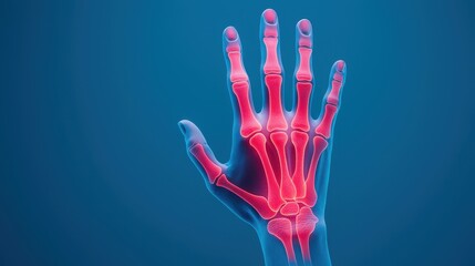 Poster - A vibrant illustration of a human hand skeleton, showcasing bones in a striking red hue against a blue background.