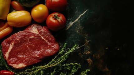 Aufkleber - Vibrant close-up composition showcasing raw red meat alongside colorful fresh vegetables including tomatoes and peppers on a dark textured background with ample space for text.