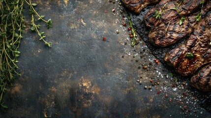 Poster - Close-up of grilled steak garnished with herbs on rustic surface, with space for text or overlay.