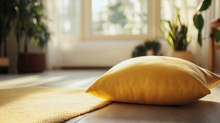 Poster - Spacious bright room with a warm yellow pillow on a textured carpet under soft natural light with greenery and ample empty space for text.