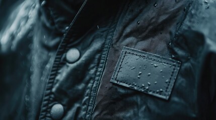 Poster - Textured black nanofabric garment close up with stylish weatherproof label and empty text space, captured in a rain-drenched urban setting.