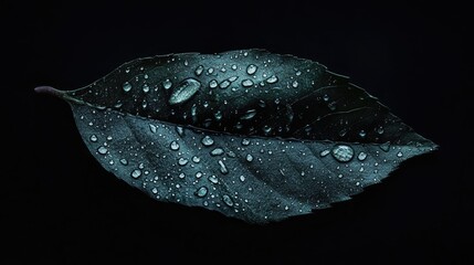 Aufkleber - Close Up of Dark Green Leaf with Vibrant Water Droplets on Black Background Ideal for Nature or Text Overlay Concepts