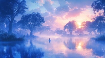  Serene Sunrise Over Misty Lake with Silhouetted Trees and Reflections