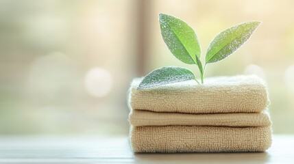 Aufkleber - Close up of stacked beige cleaning towels with a small green plant on top, soft blurred background, ample empty space for text.
