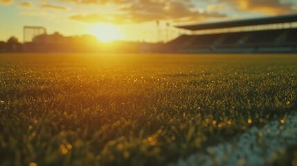 Poster - Close up shot of vibrant green soccer field with golden sunset in background, soft focus on grass with empty space for text at stadium.